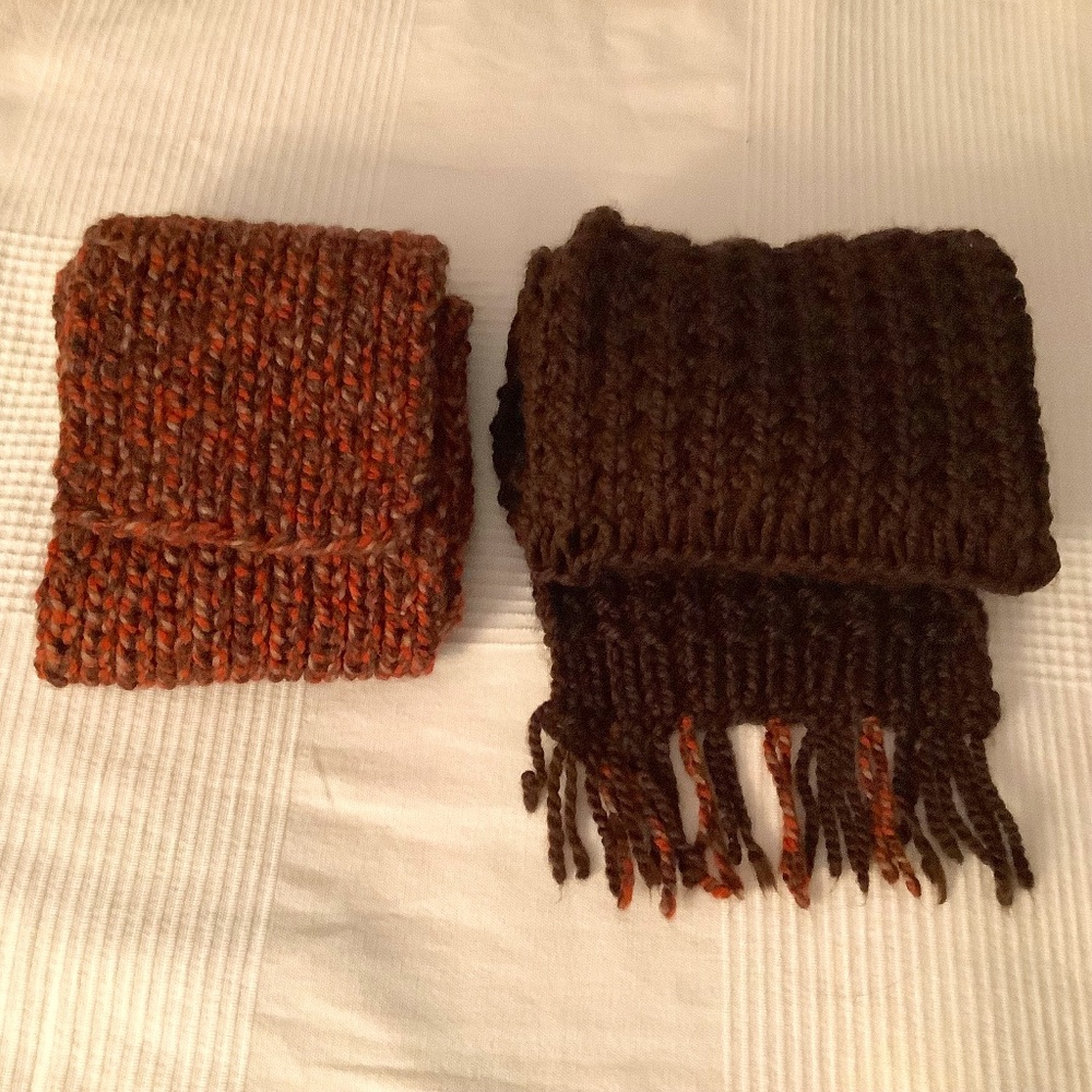Set of Two Handmade Knit Scarfs  One brown and one multicolored scarfs